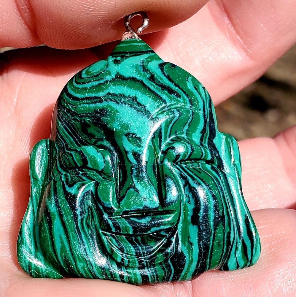 New Carved Malachite Buddha Head Pendant.